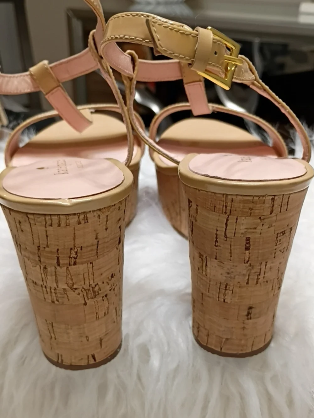 kate spade Tallin Nude Patent Leather Cork Wedge Sandals SZ 8